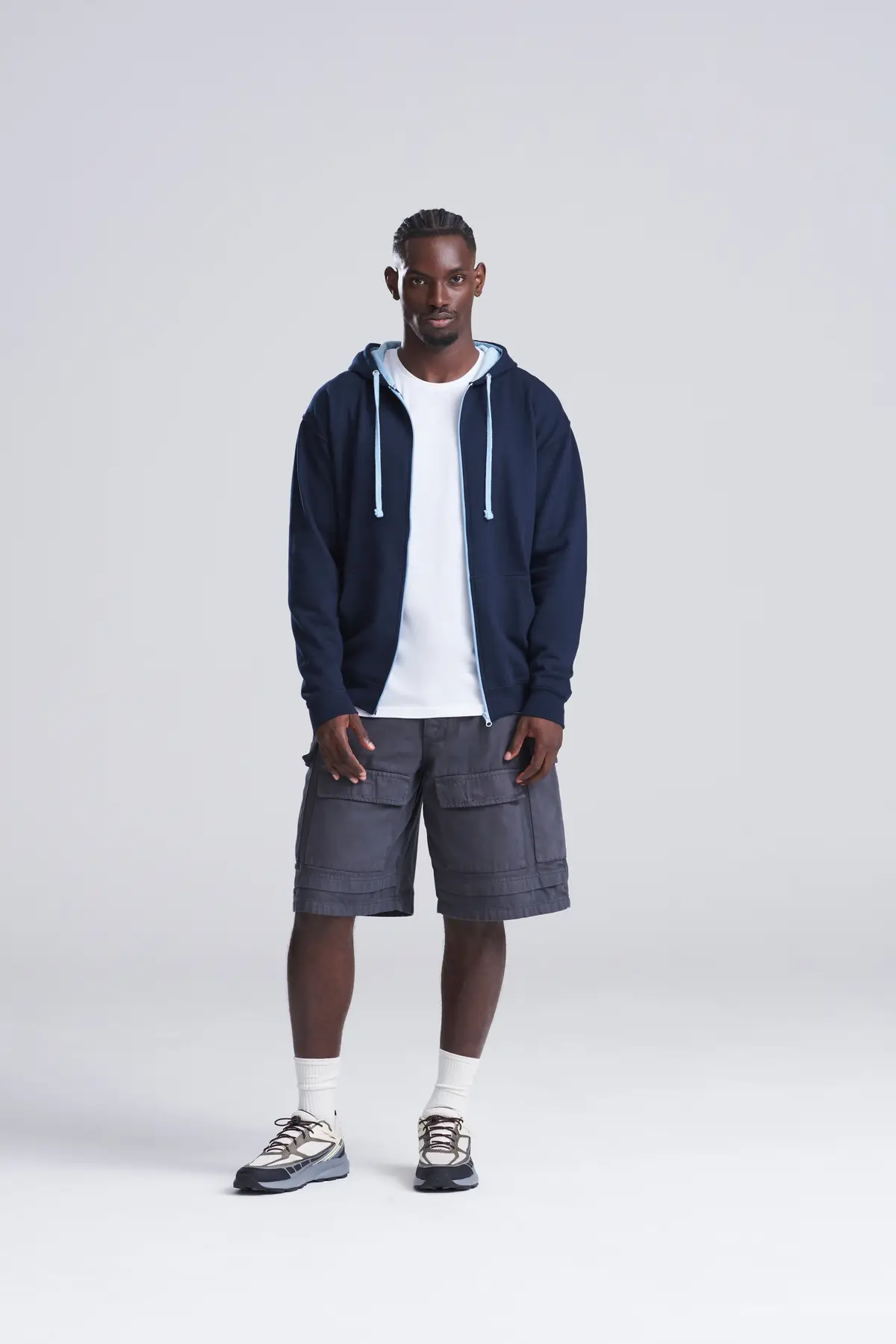 AWDis Just Hoods Varsity zoodie – New French Navy/Sky Blue – Original on-model photograph 00