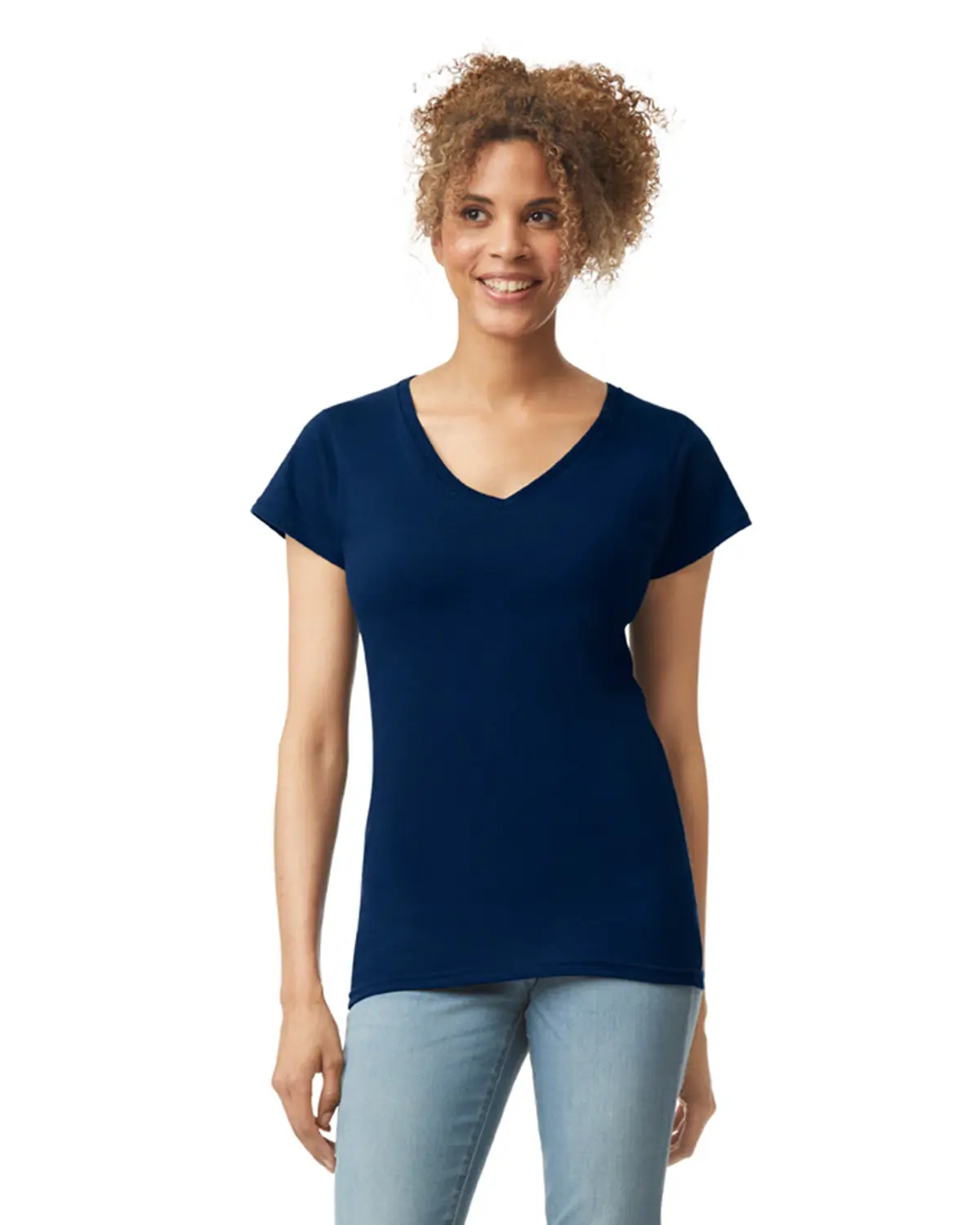 Gildan Softstyle women's v-neck t-shirt – Navy – Original on-model photograph 01