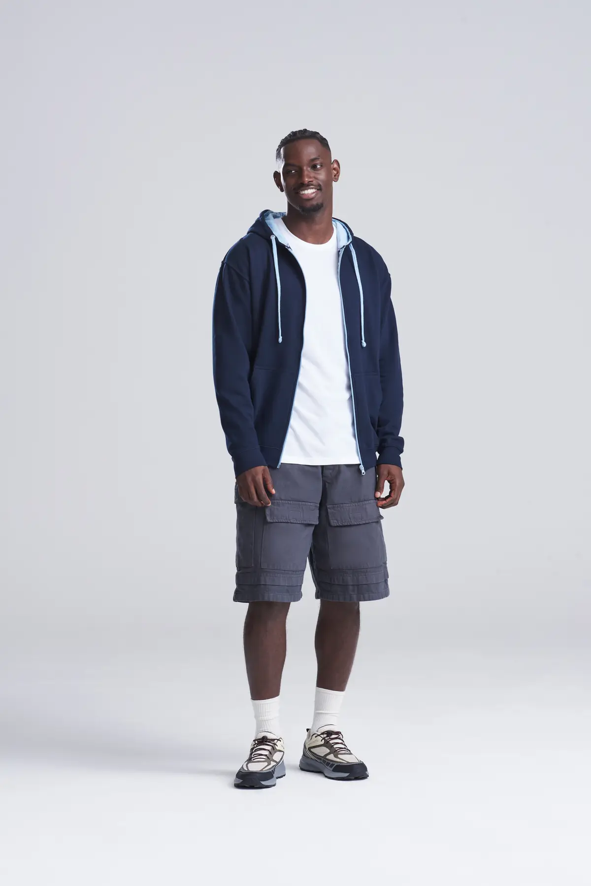 AWDis Just Hoods Varsity zoodie – New French Navy/Sky Blue – Original on-model photograph 03