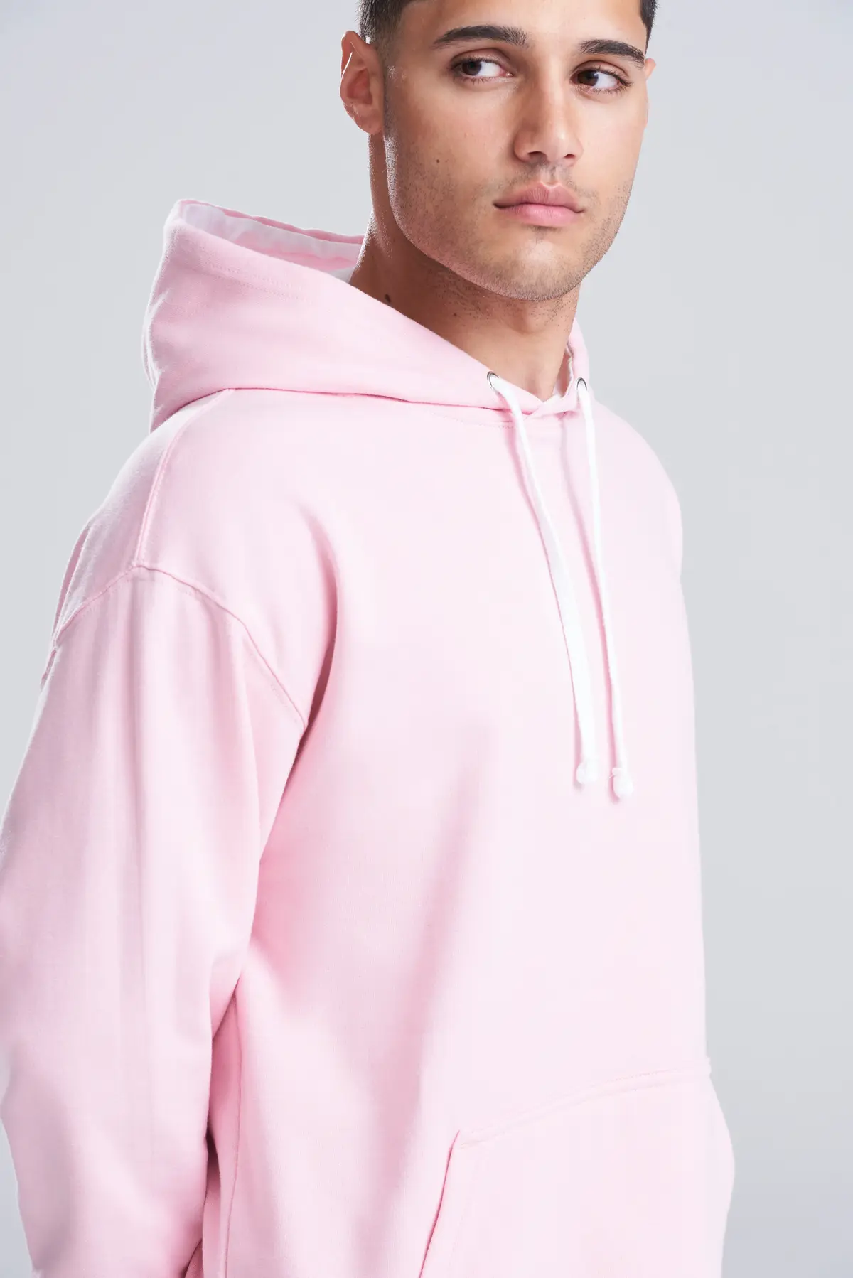 AWDis Just Hoods Varsity hoodie – Baby Pink/Arctic White – Original on-model photograph 40
