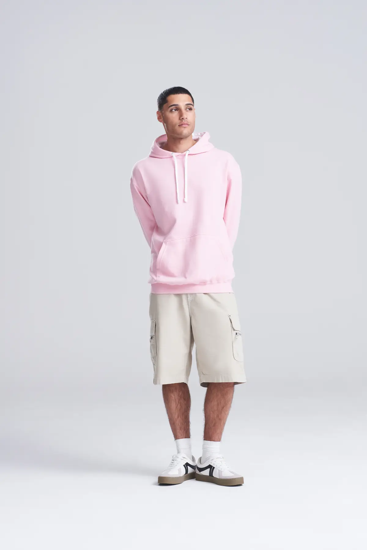 AWDis Just Hoods Varsity hoodie – Baby Pink/Arctic White – Original on-model photograph 01