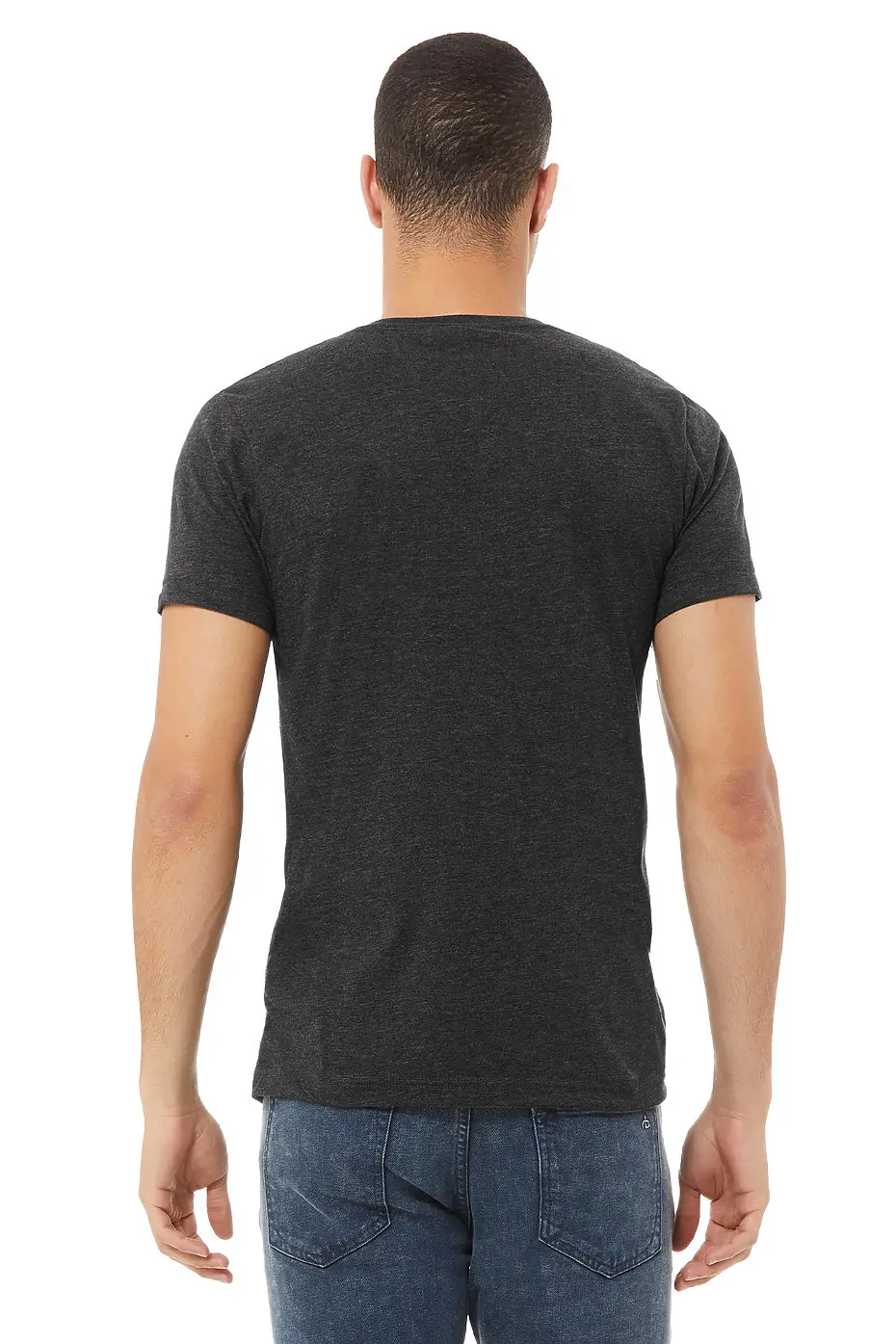 Bella+Canvas Unisex heather CVC short sleeve v-neck tee – Dark Grey Heather – on model 3