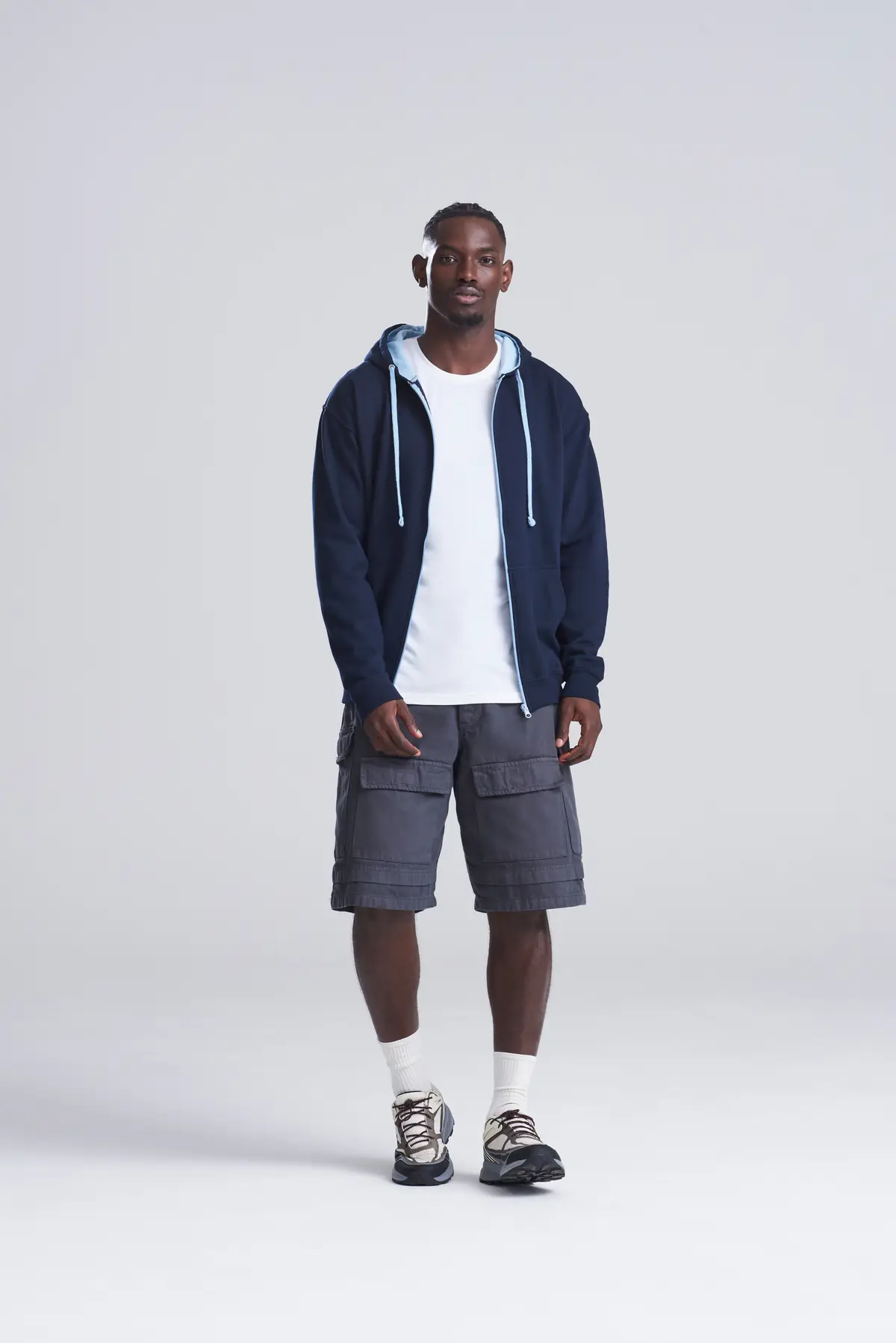 AWDis Just Hoods Varsity zoodie – New French Navy/Sky Blue – Original on-model photograph 02