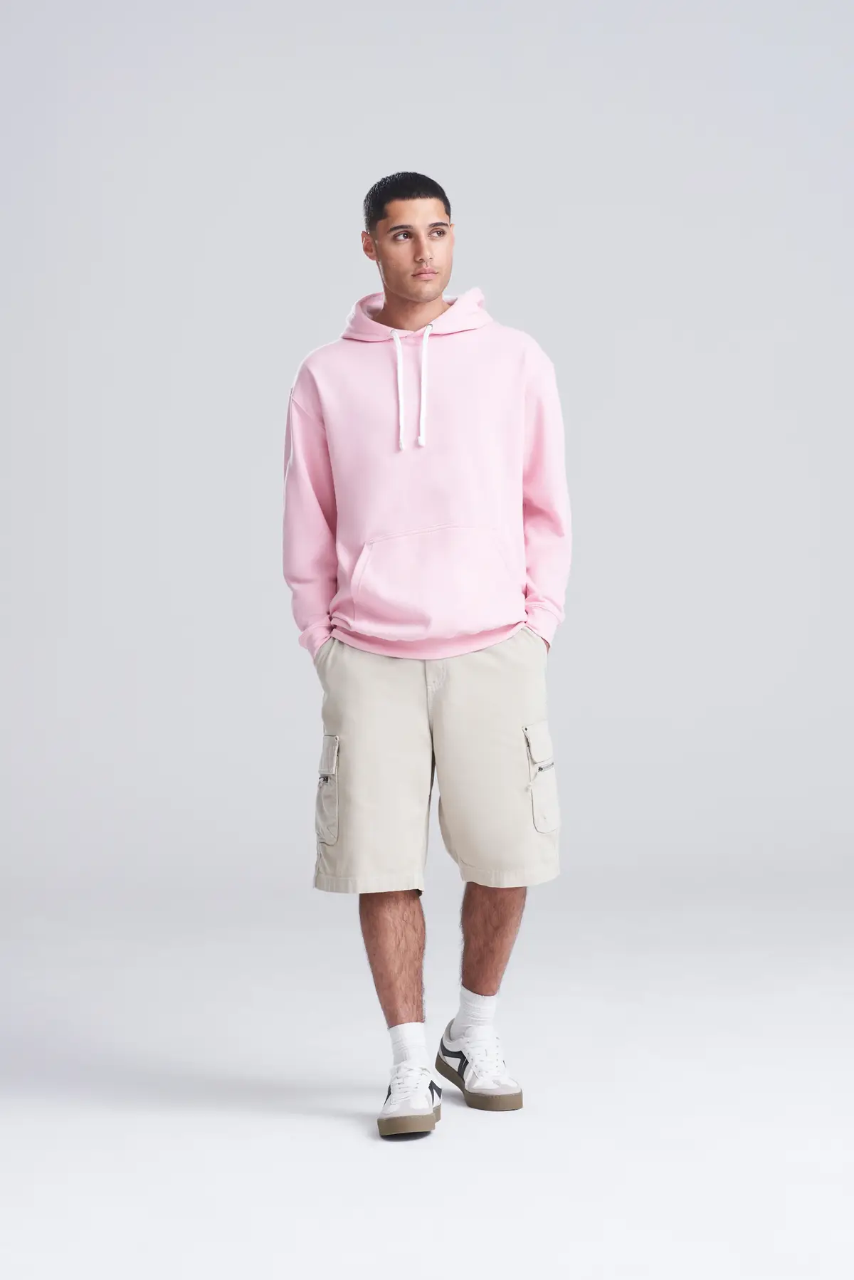 AWDis Just Hoods Varsity hoodie – Baby Pink/Arctic White – Original on-model photograph 02