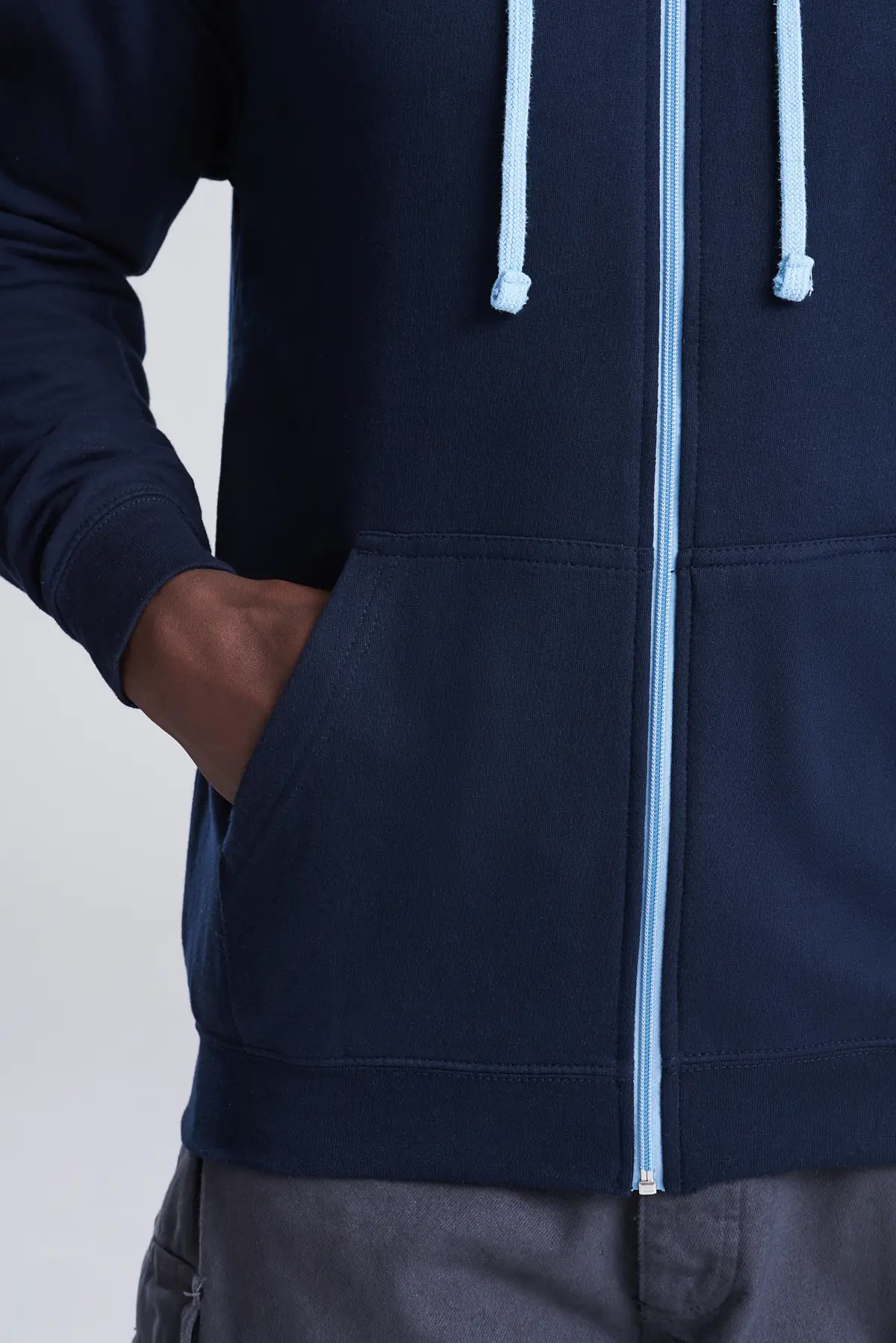 AWDis Just Hoods Varsity zoodie – New French Navy/Sky Blue – Original on-model photograph 41
