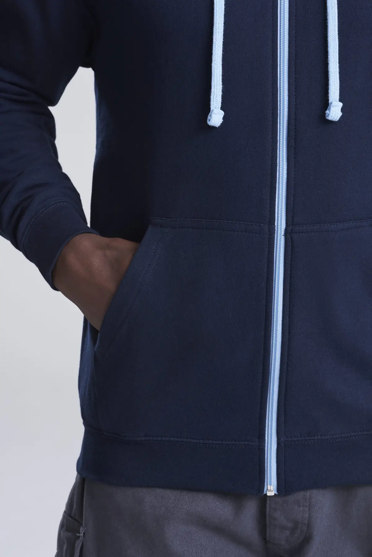 AWDis Just Hoods Varsity zoodie – New French Navy/Sky Blue – AWDis original on-model photograph
