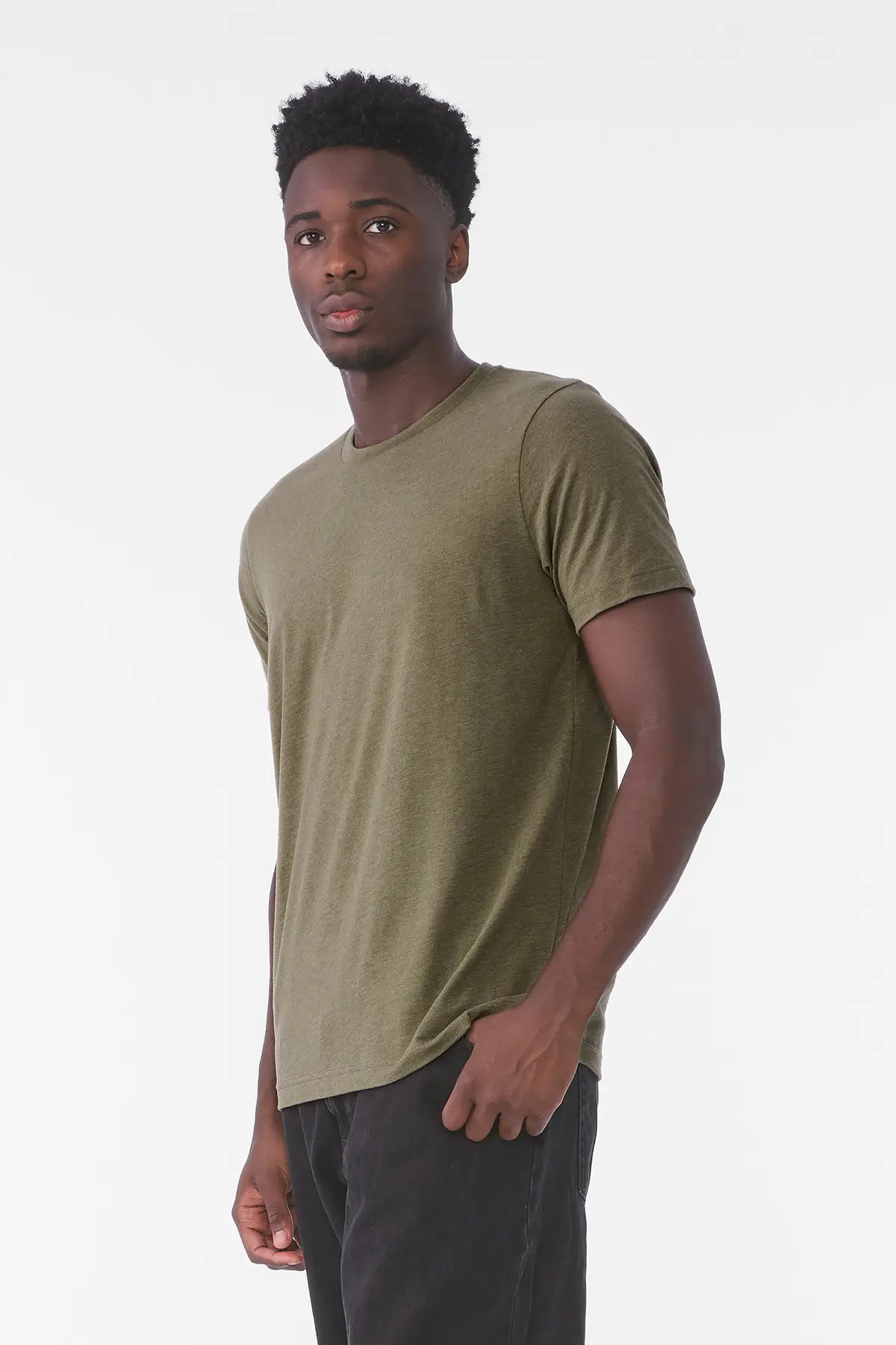 Bella+Canvas Unisex sueded tee – Heather Olive – Original on-model photograph 03