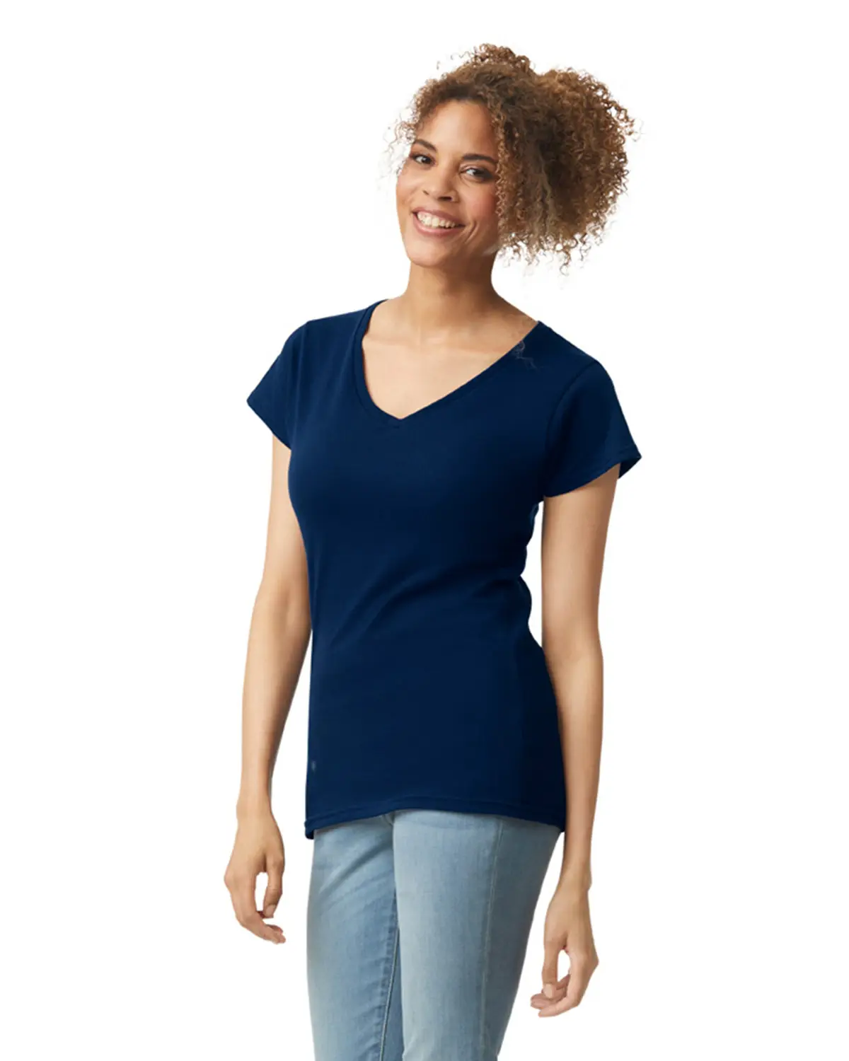 Gildan Softstyle women's v-neck t-shirt – Navy – Original on-model photograph 04