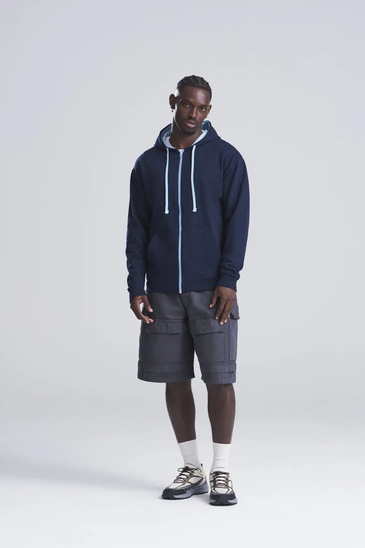 AWDis Just Hoods Varsity zoodie – New French Navy/Sky Blue – AWDis original on-model photograph
