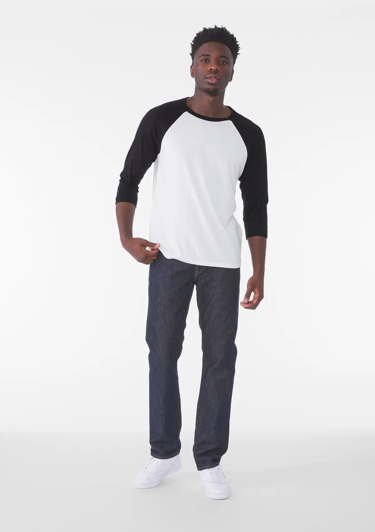 Bella+Canvas Unisex triblend ¾ sleeve baseball t-shirt – White/Black – Original on-model photograph 03