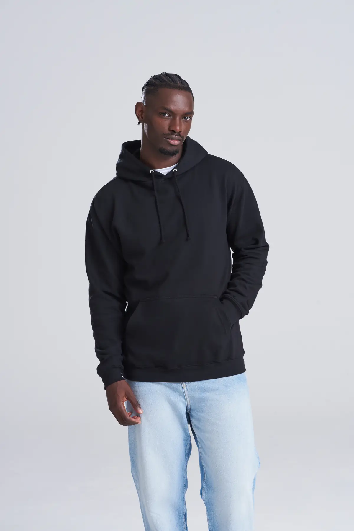 AWDis College Hoodie – Deep Black – Original on-model photograph 03