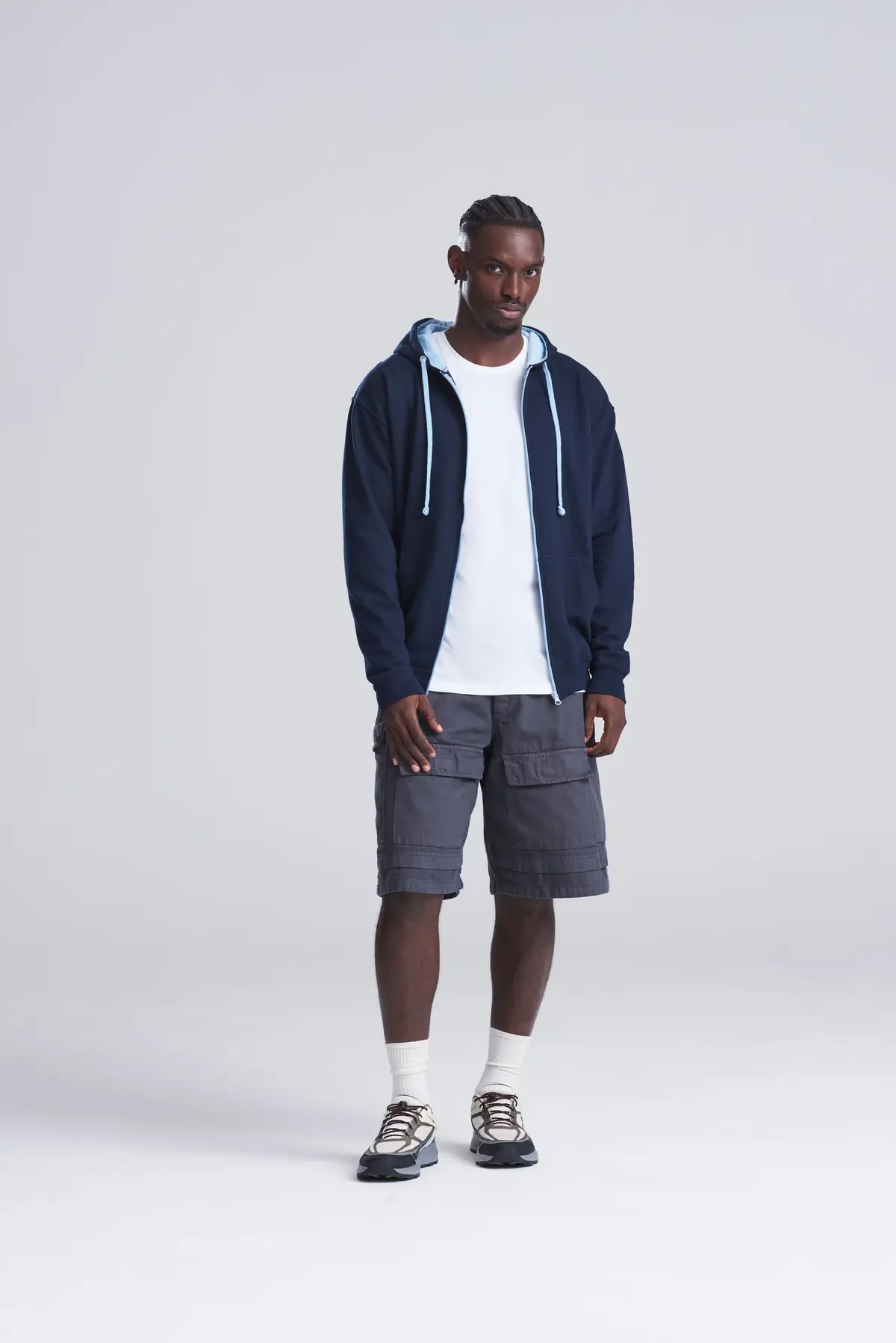 AWDis Just Hoods Varsity zoodie – New French Navy/Sky Blue – Original on-model photograph 01