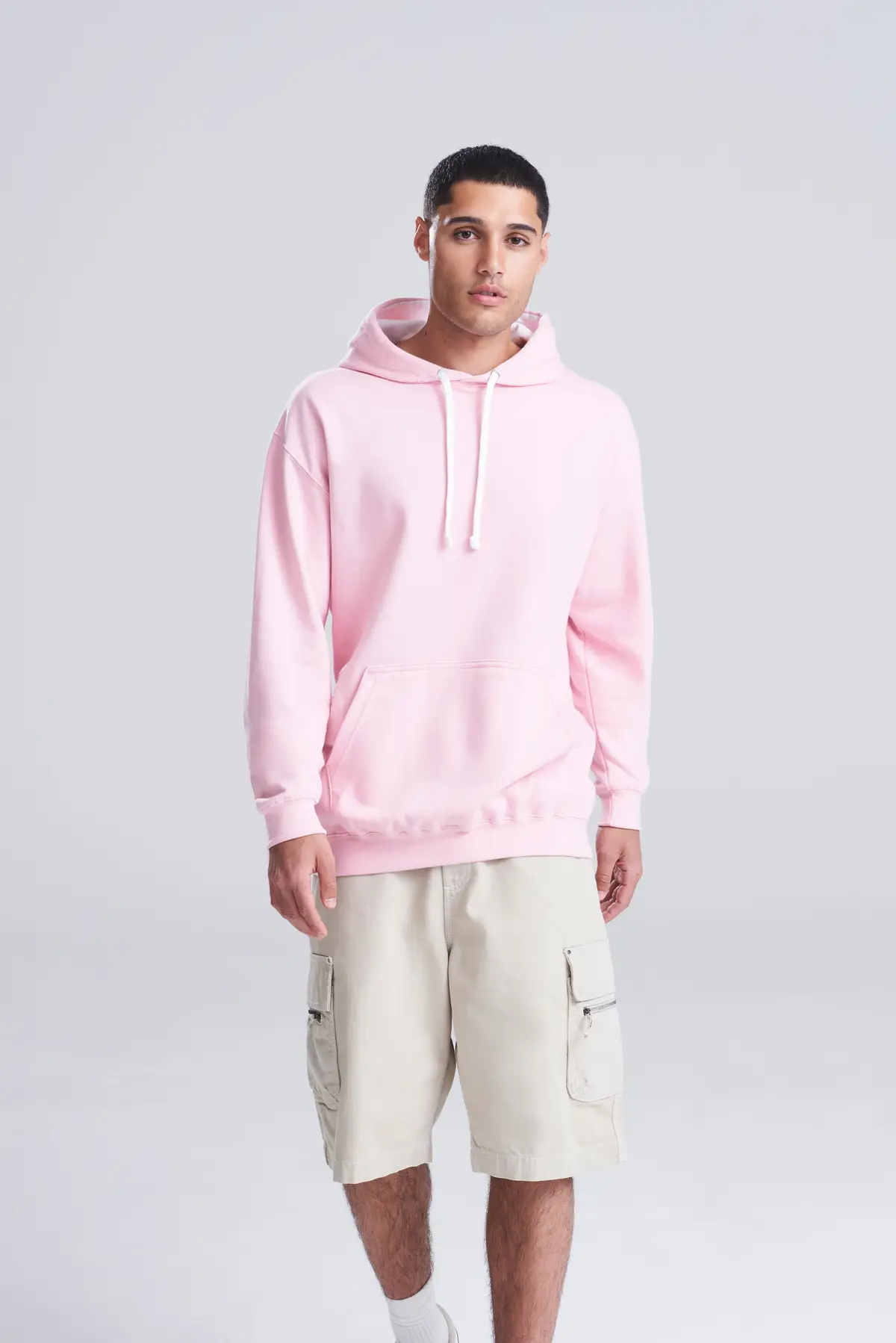 AWDis Just Hoods Varsity hoodie – Baby Pink/Arctic White – Original on-model photograph 04
