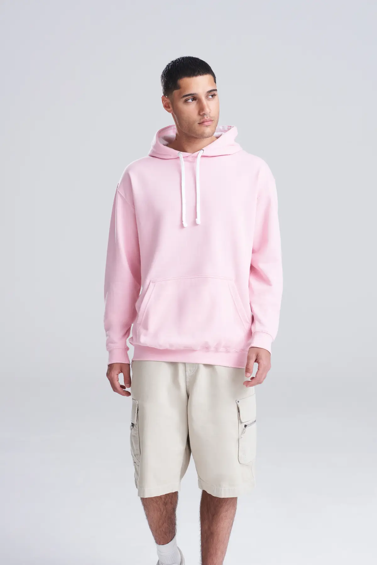 AWDis Just Hoods Varsity hoodie – Baby Pink/Arctic White – Original on-model photograph 03