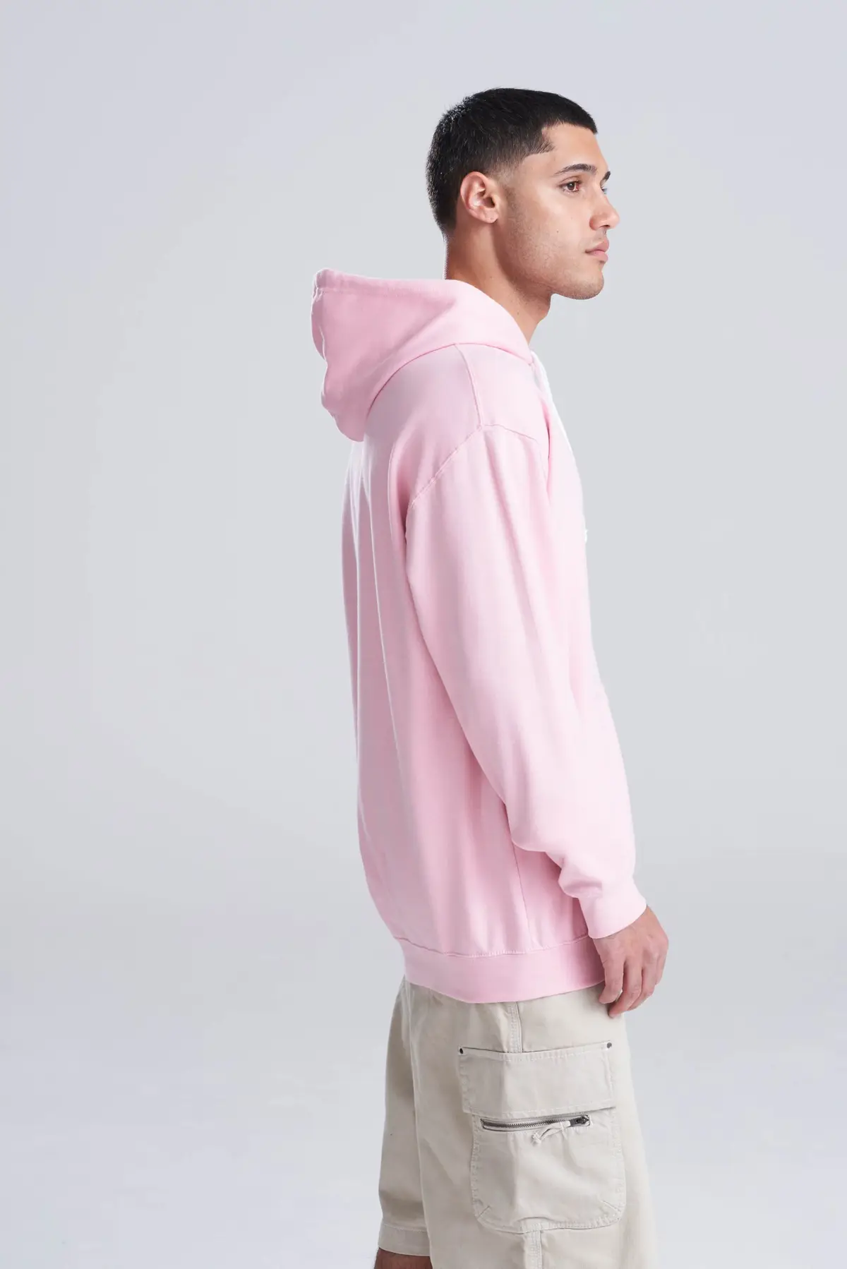 AWDis Just Hoods Varsity hoodie – Baby Pink/Arctic White – AWDis original on-model photograph