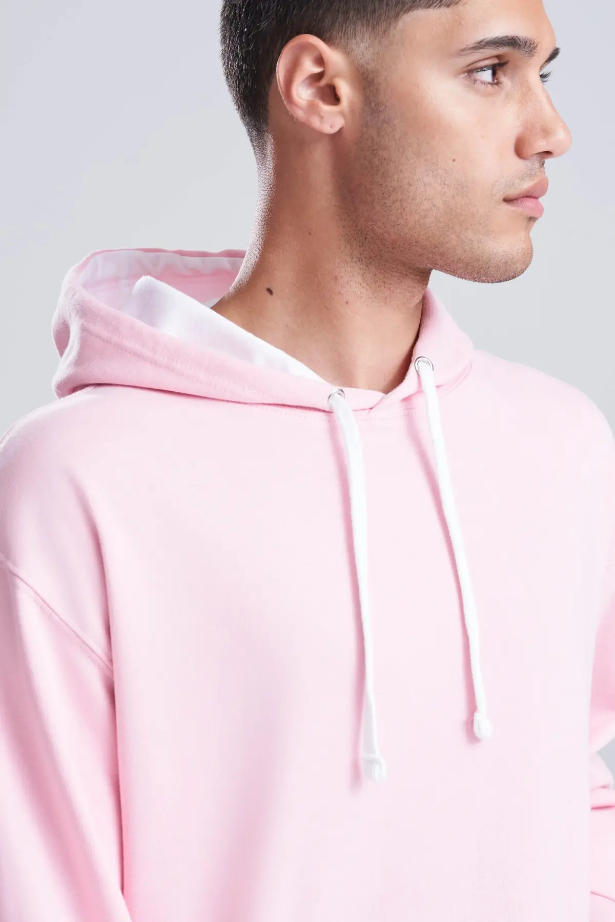 AWDis Just Hoods Varsity hoodie – Baby Pink/Arctic White – AWDis original on-model photograph