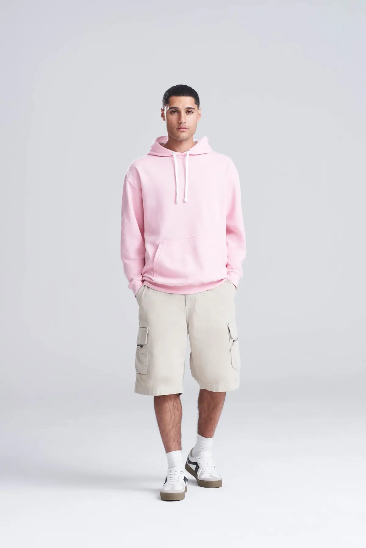 AWDis Just Hoods Varsity hoodie – Baby Pink/Arctic White – AWDis original on-model photograph