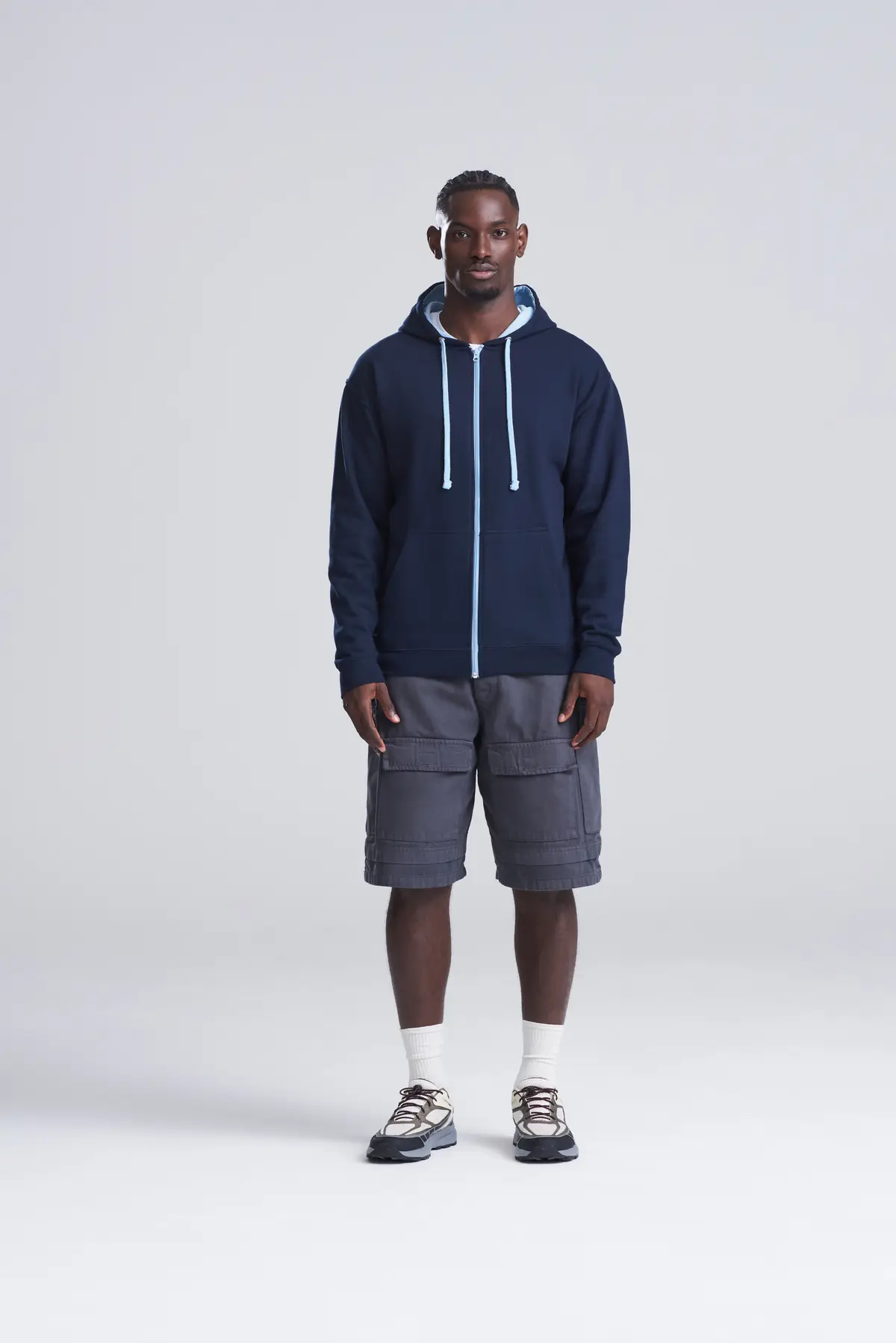 AWDis Just Hoods Varsity zoodie – New French Navy/Sky Blue – Original on-model photograph 04