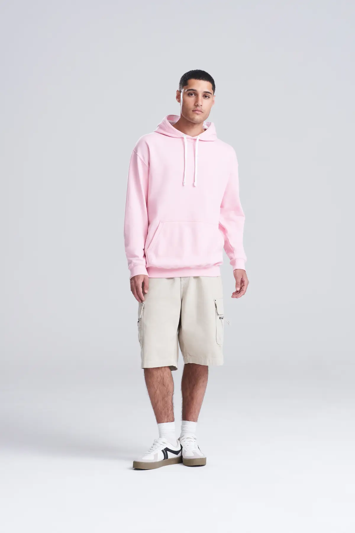 AWDis Just Hoods Varsity hoodie – Baby Pink/Arctic White – Original on-model photograph 00