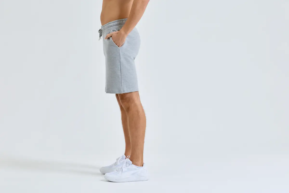 TriDri Jogger Shorts – Heather Grey – Original on-model photograph 01