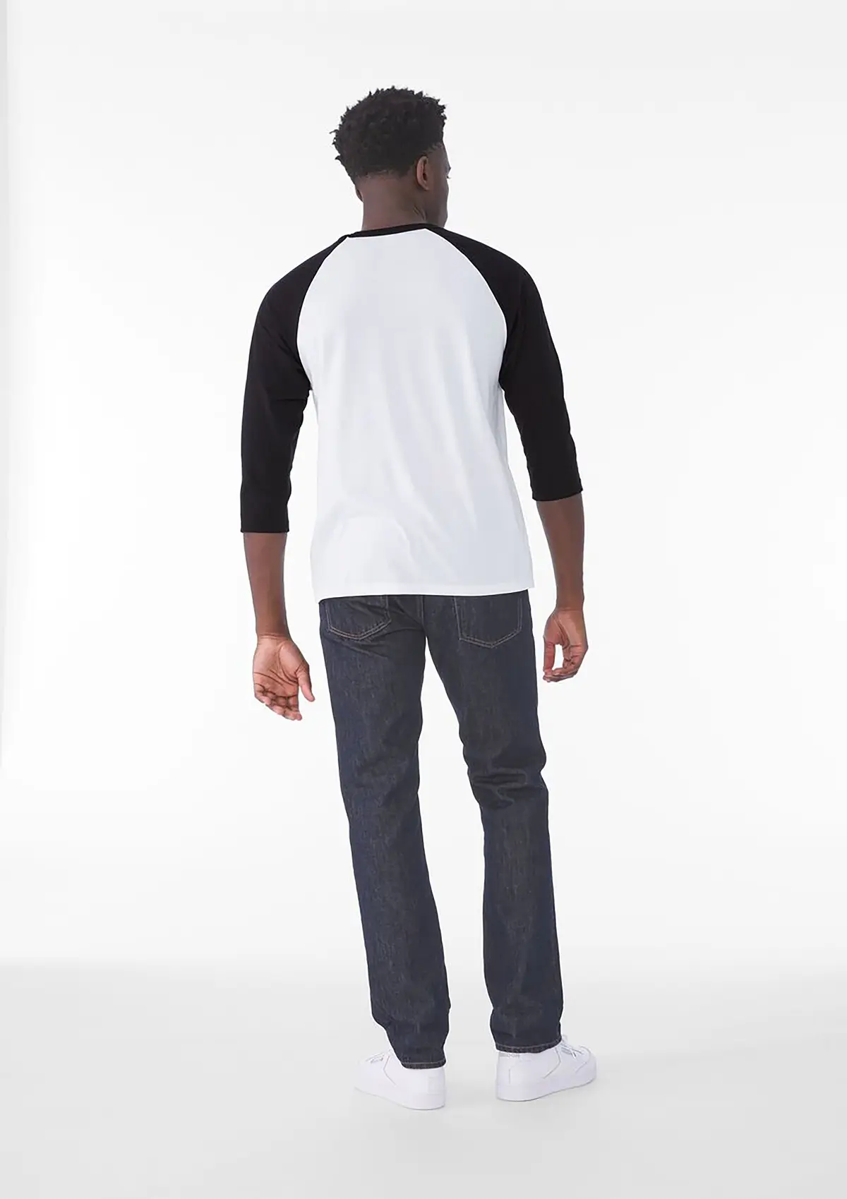 Bella+Canvas Unisex triblend ¾ sleeve baseball t-shirt – White/Black – Original on-model photograph 02