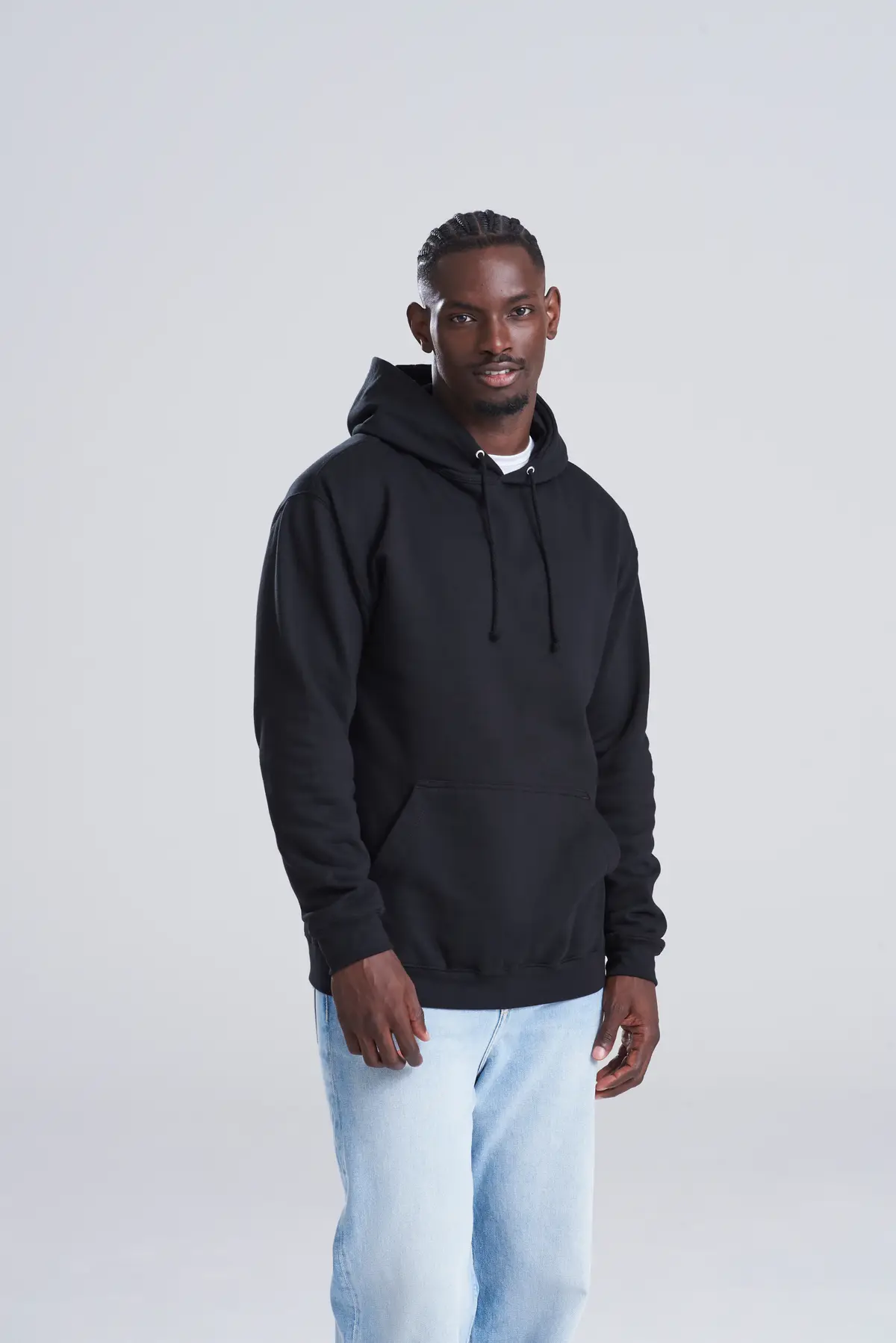 AWDis College Hoodie – Deep Black – Original on-model photograph 02